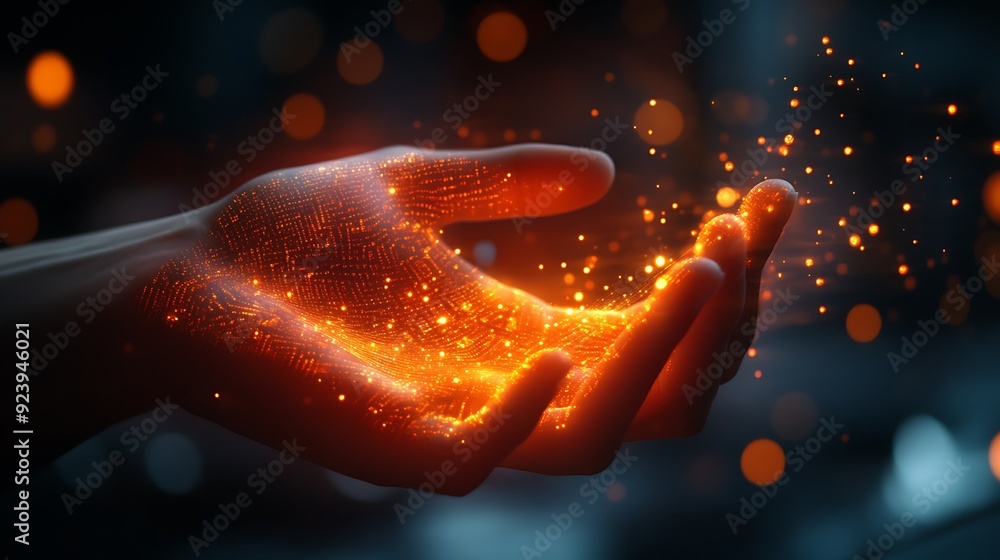 Aufkleber illuminating data streams - conceptual digital prism in hand on dark background
