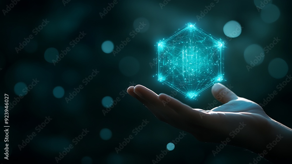 Aufkleber illuminated digital hexagon in hand - technological progress and global communication concept