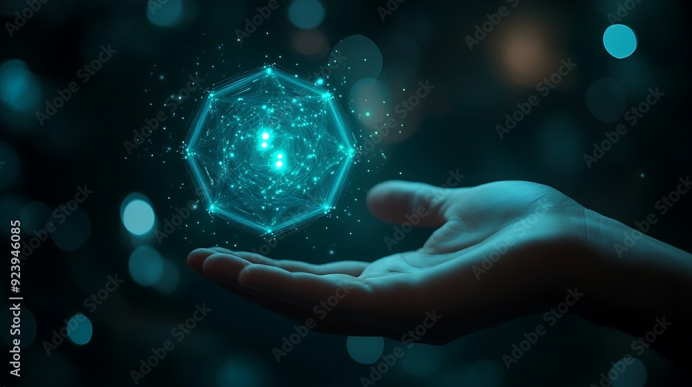 Poster illuminated digital hexagon in hand symbolizing global tech integration on dark background - profess