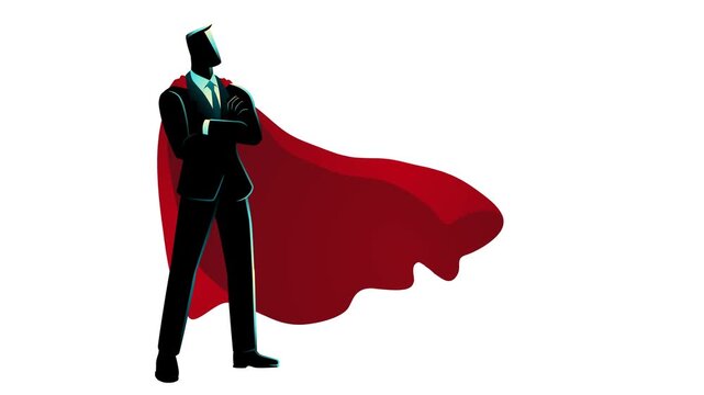 Businessman as a superhero, wearing a magnificent red cape and posing gallantly with arms crossed. Symbolize confidence, strength, and exceptional leadership in the corporate world