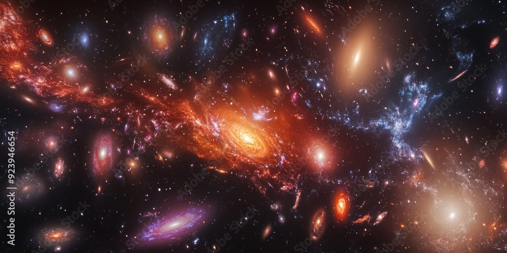 Poster a distant galaxy cluster, with multiple galaxies of various shapes and sizes interacting in a vast c