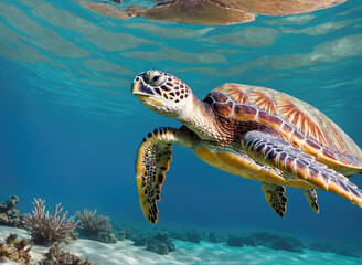 Fototapeta premium Captivating Sea Turtle Swimming Gracefully Beneath Crystal Clear Ocean Water in Tropical Setting