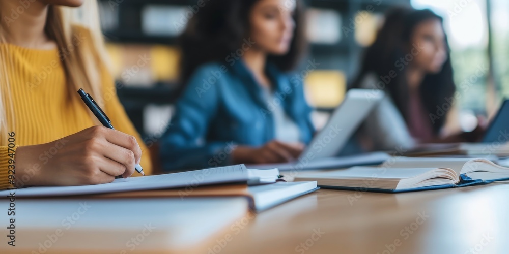 Poster Three educators in a close-up image discussing educational strategies around a table with notebooks open their faces showing deep concentration