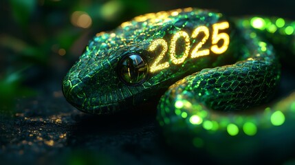 A creative and modern rendering of a futuristic snake intertwined with the numbers 2025 using neon green and gold tones perfect for hightech and innovationthemed projects