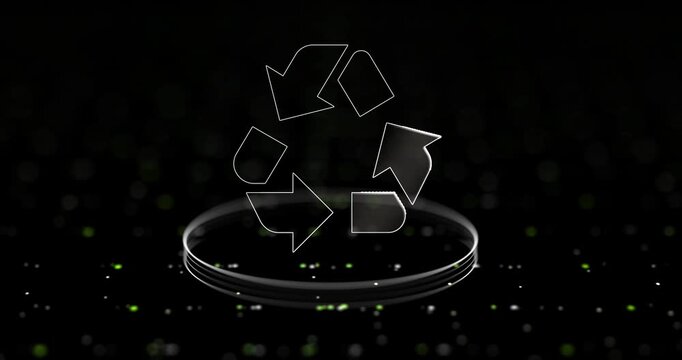 Recycling, icon and abstract with hologram by network for eco friendly, sustainability and environment. Conservation, symbol and tech with pattern for ecology, renewable energy and waste management