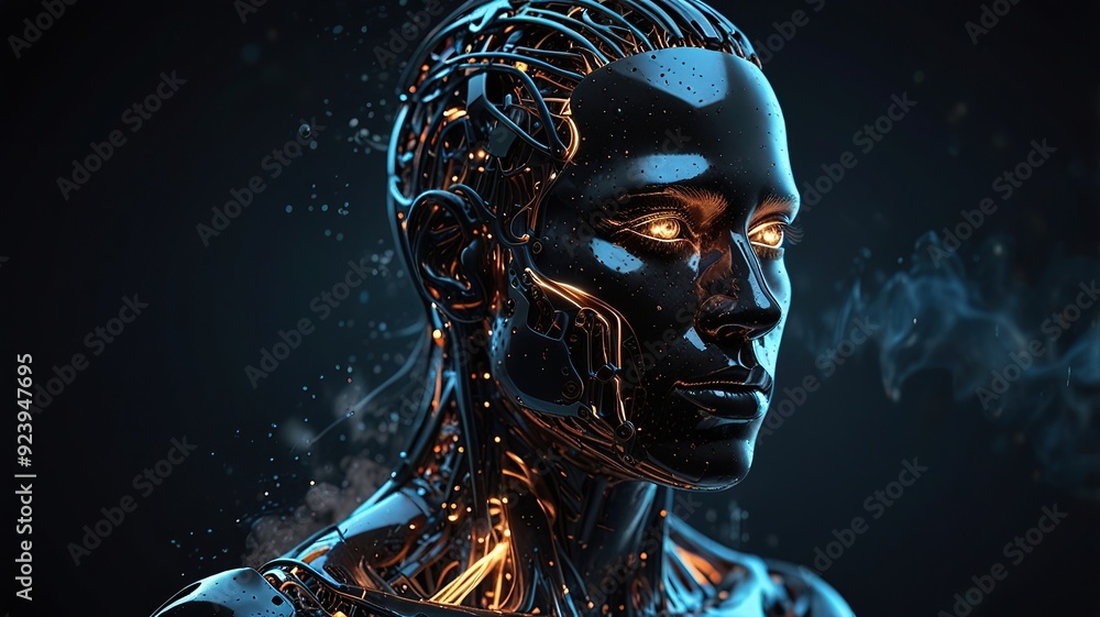 Poster free photo new 3d rendering ai robot face working with future digital graphic interface on dark back