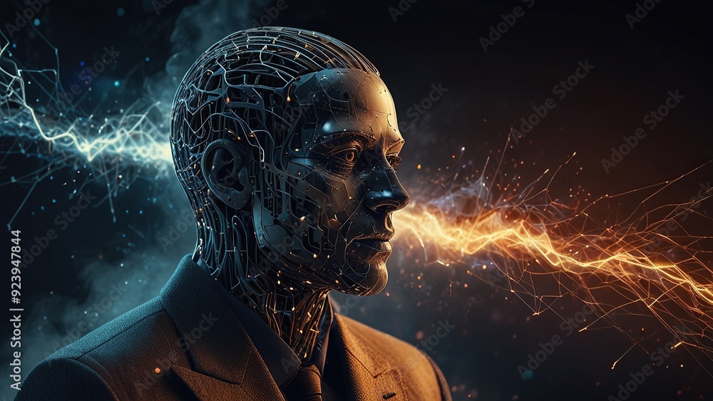 Poster free photo new 3d rendering ai robot face working with future digital graphic interface on dark back