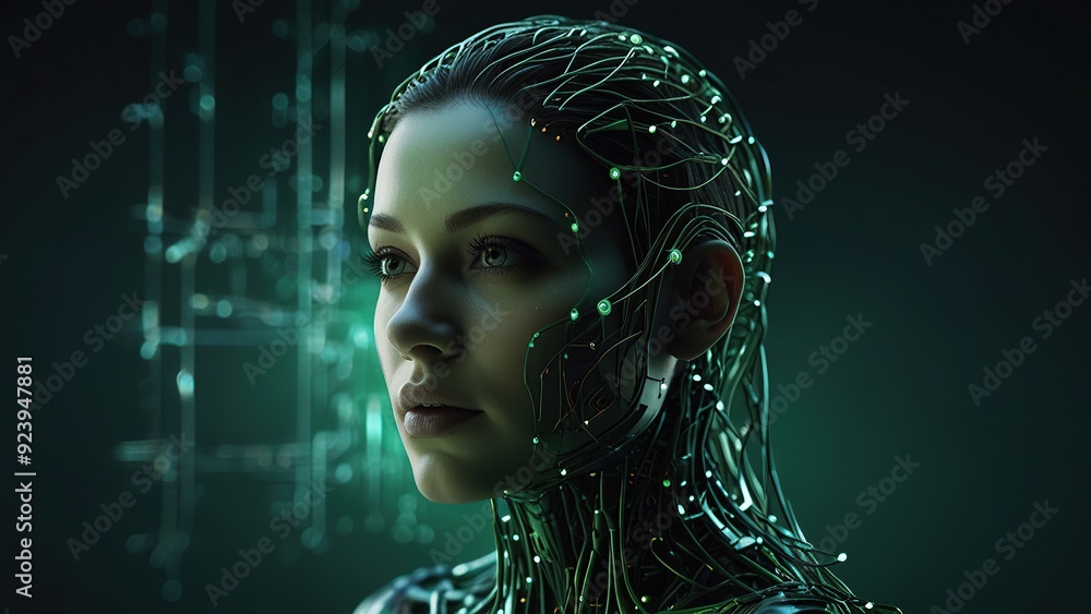 Poster free photo new 3d rendering ai robot face working with future digital graphic interface on dark back