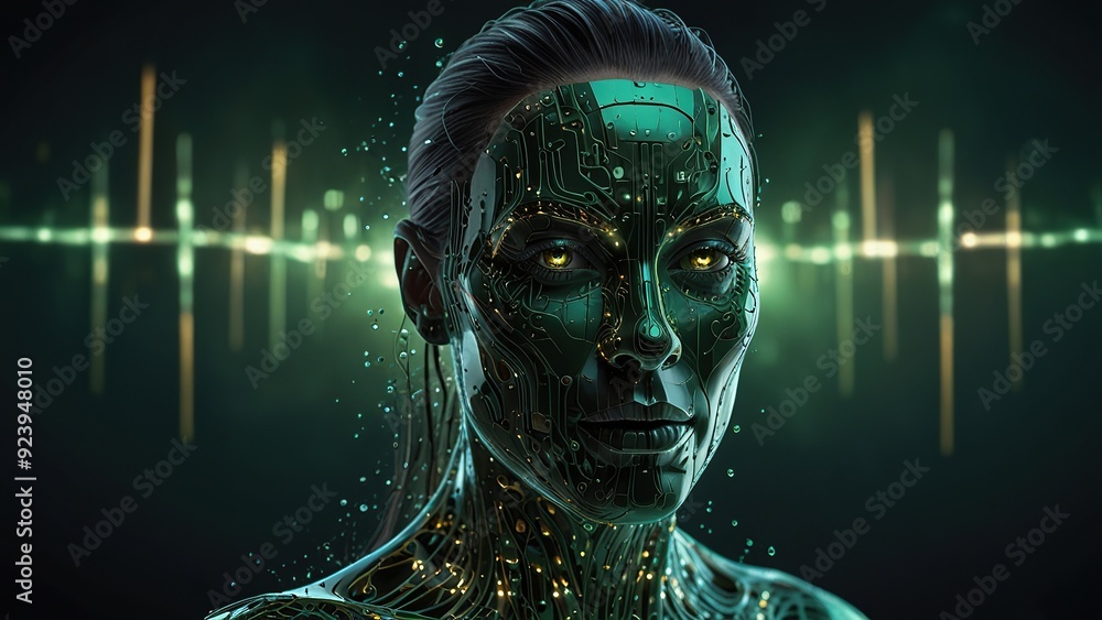 Poster free photo new 3d rendering ai robot face working with future digital graphic interface on dark back