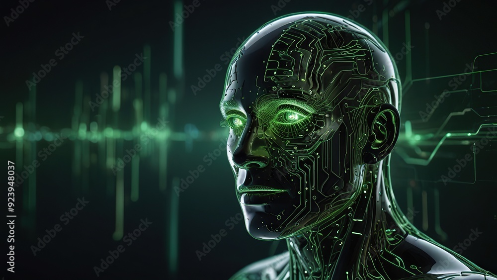 Poster free photo new 3d rendering ai robot face working with future digital graphic interface on dark back