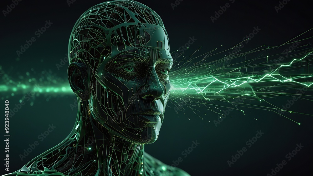 Poster free photo new 3d rendering ai robot face working with future digital graphic interface on dark back