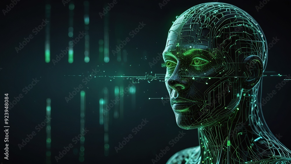 Poster free photo new 3d rendering ai robot face working with future digital graphic interface on dark back