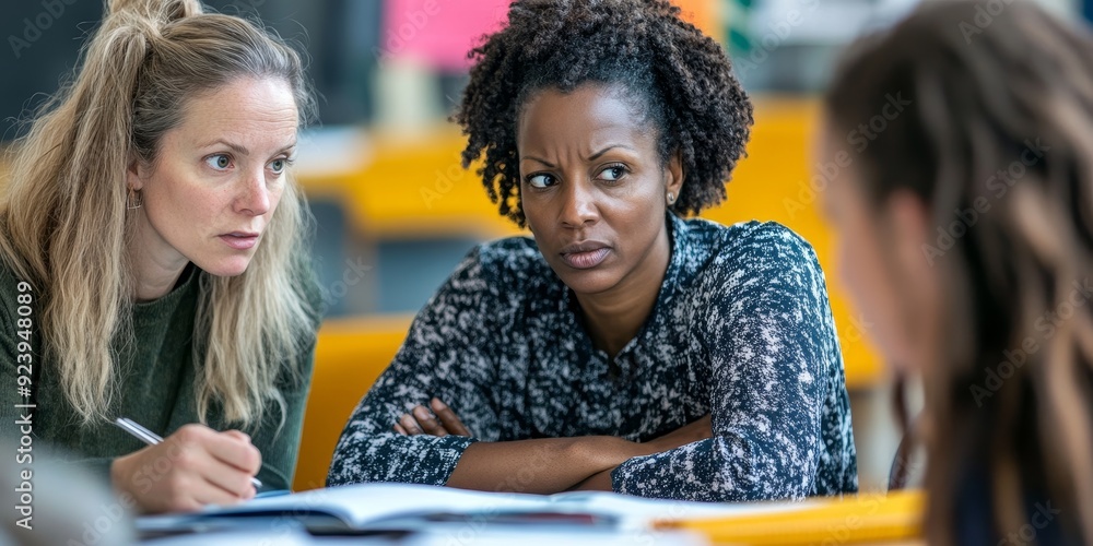 Aufkleber Three educators in a close-up image discussing educational strategies around a table with notebooks open their faces showing deep concentration