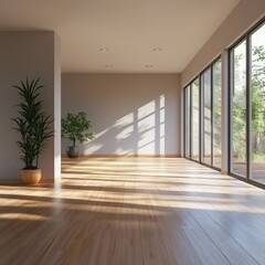 Fototapeta premium Bright and spacious empty room with large windows and wooden flooring in a modern home setting