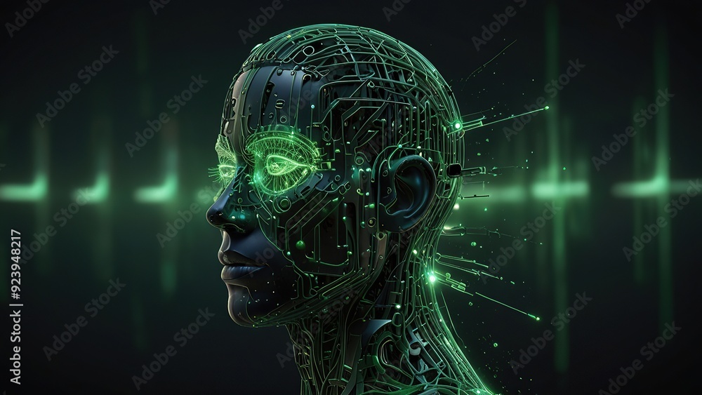 Poster free photo new 3d rendering ai robot face working with future digital graphic interface on dark back