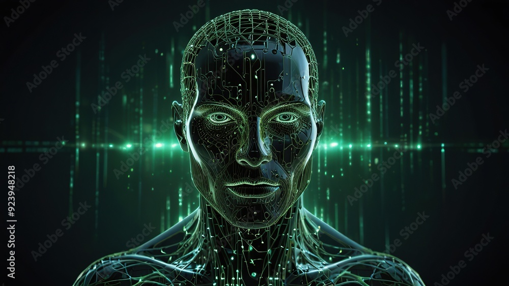 Poster free photo new 3d rendering ai robot face working with future digital graphic interface on dark back