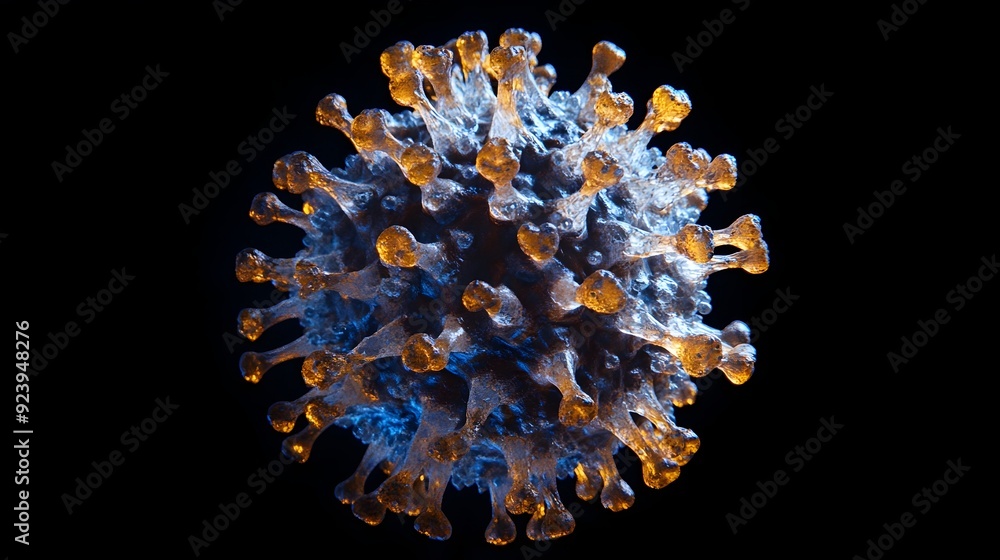 Poster detailed 3d visualization of virus particle with surface proteins showcasing biomedical research