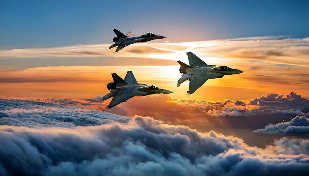  Fighter Jets at Sunset- A dramatic image of fighter jets flying over clouds at sunset, surr_1(281)