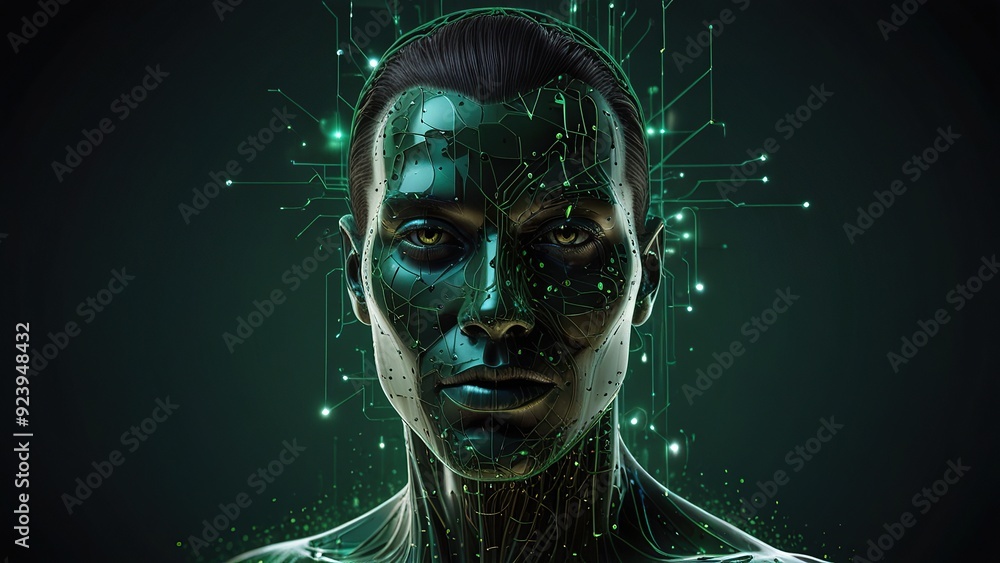 Poster free photo new 3d rendering ai robot face working with future digital graphic interface on dark back