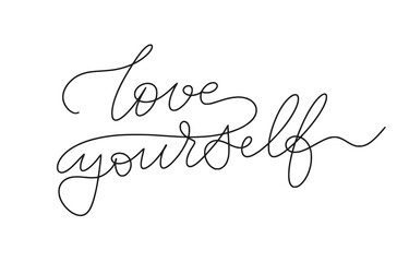Hand written inspirational quote. One line inscription love yourself. Vector hand lettering line art 