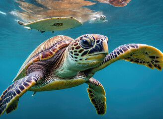Fototapeta premium Graceful Sea Turtle Swimming Underwater Near Coral Reefs in Crystal Clear Ocean Water