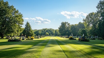 Tranquil cemetery with well-maintained grass and gravestones under a clear blue sky in the afternoon sun