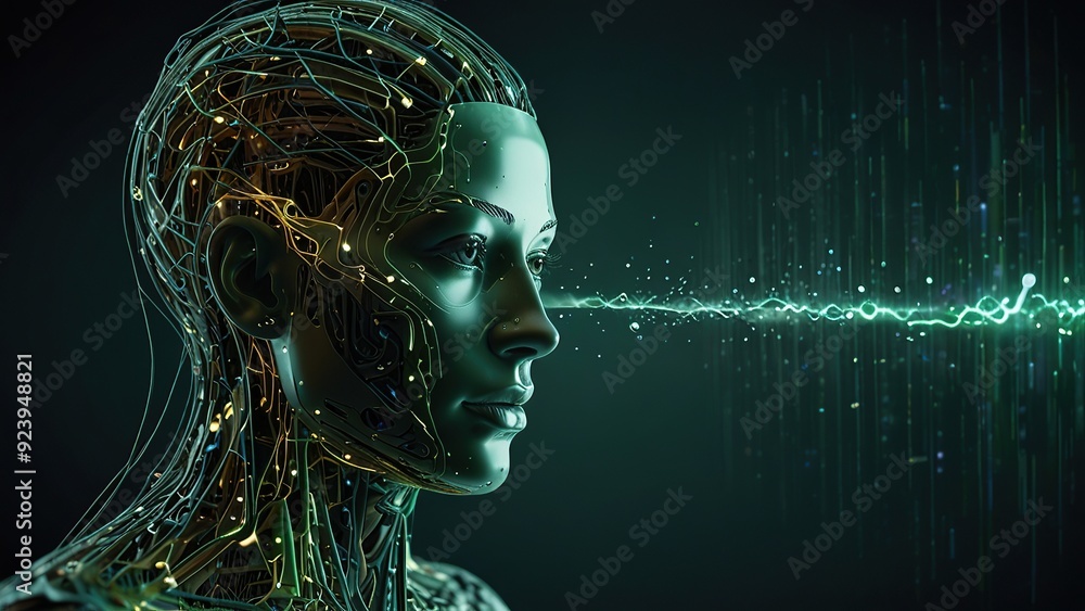Poster free photo new 3d rendering ai robot face working with future digital graphic interface on dark back