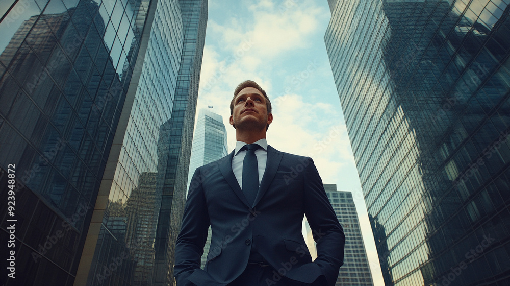 Wall mural businessman in a modern urban landscape buildings