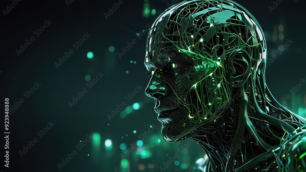 Poster free photo new 3d rendering ai robot face working with future digital graphic interface on dark back
