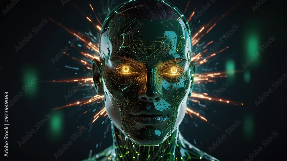 Poster free photo new 3d rendering ai robot face working with future digital graphic interface on dark back