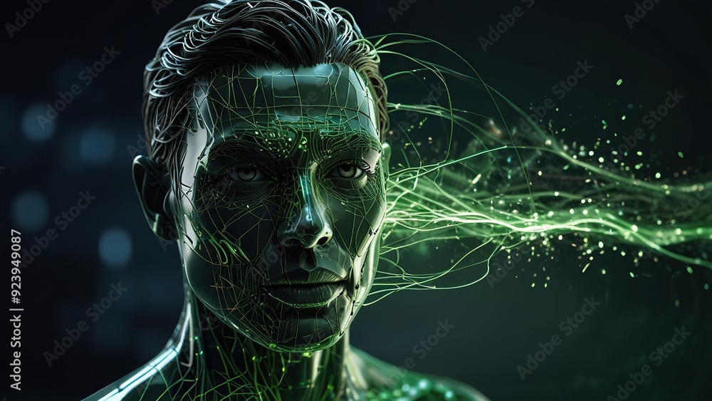 Poster free photo new 3d rendering ai robot face working with future digital graphic interface on dark back