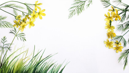 白い背景の上に黄色い花と緑の葉が左右からフレーム状に配置されています。左下には草が茂り、右上には黄色い花が咲いています。自然の美しさとシンプルさが強調されており、清潔感のあるデザインです。