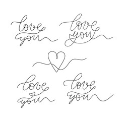 Hand written inspirational quote. One line inscription love you. Vector hand lettering line art 