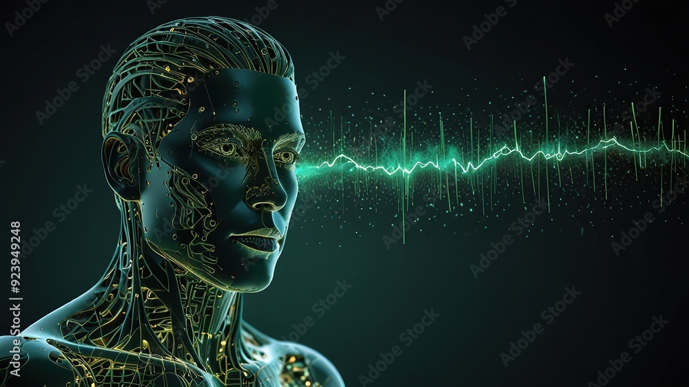 Poster free photo new 3d rendering ai robot face working with future digital graphic interface on dark back