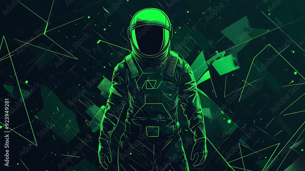 Poster futuristic space explorer in geometric abstract design - vector illustration with neon green tones a