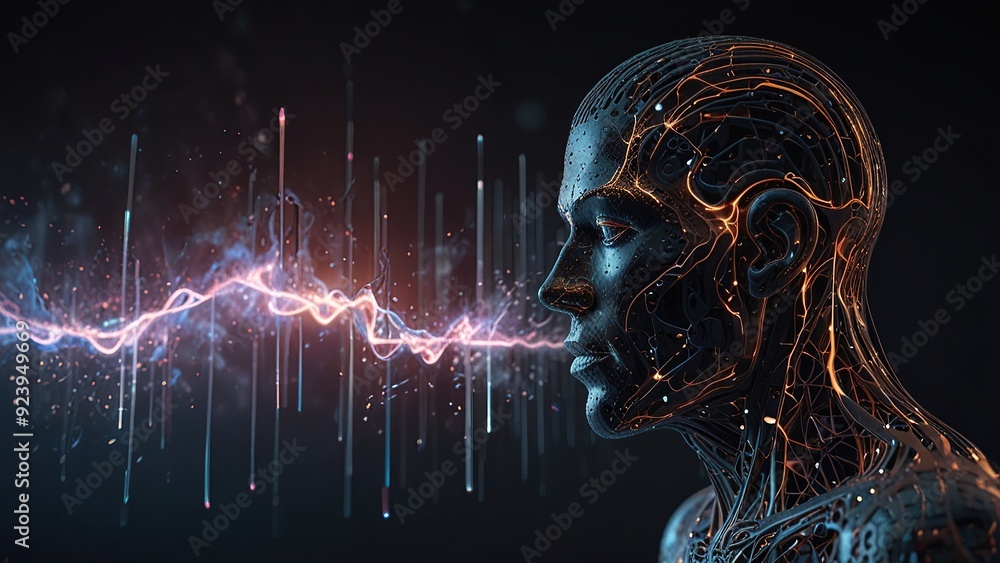 Poster free photo new 3d rendering ai robot face working with future digital graphic interface on dark back
