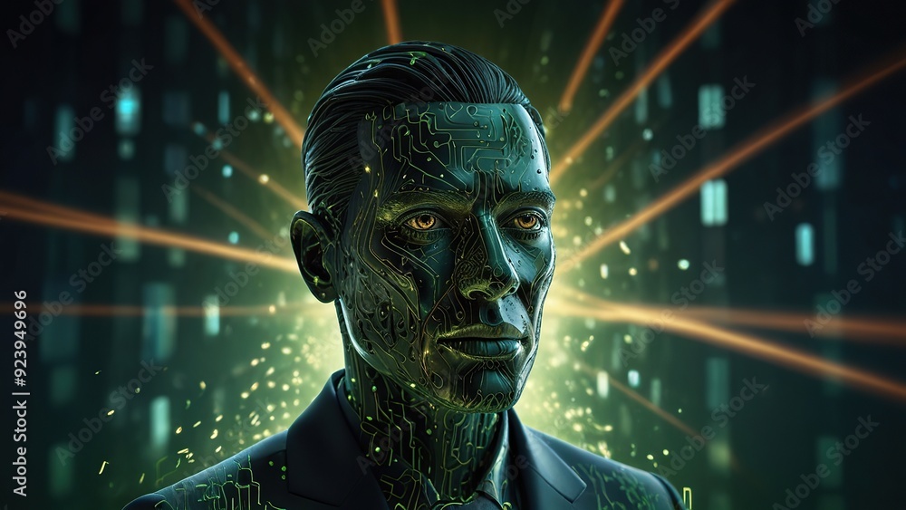 Poster free photo new 3d rendering ai robot face working with future digital graphic interface on dark back