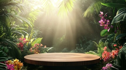 Empty wood podium stage with sunlight shining from above. Round wooden dais or platform. Perfect for product presentation.