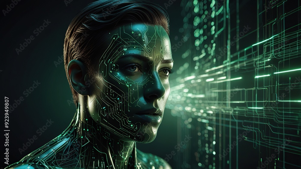 Poster free photo new 3d rendering ai robot face working with future digital graphic interface on dark back