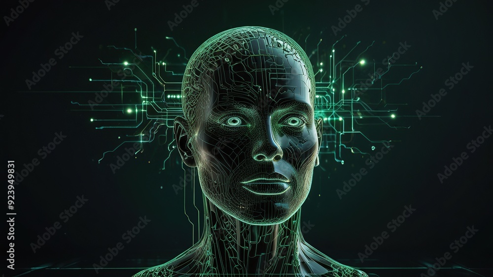 Poster free photo new 3d rendering ai robot face working with future digital graphic interface on dark back