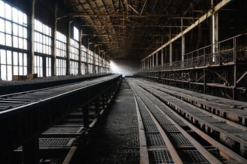 Obraz premium Abandoned industrial setting with railway track and multiple windows
