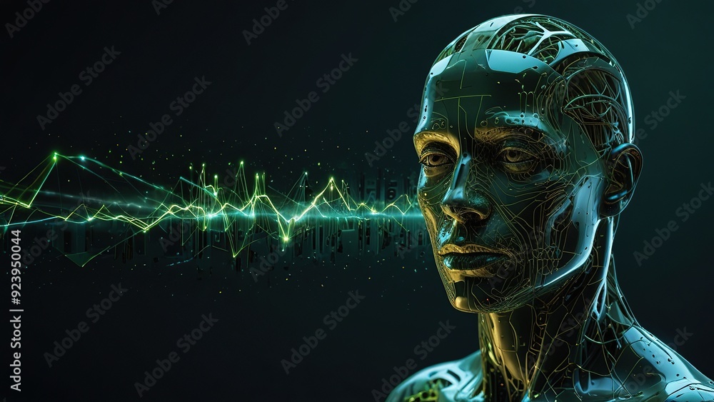 Poster free photo new 3d rendering ai robot face working with future digital graphic interface on dark back