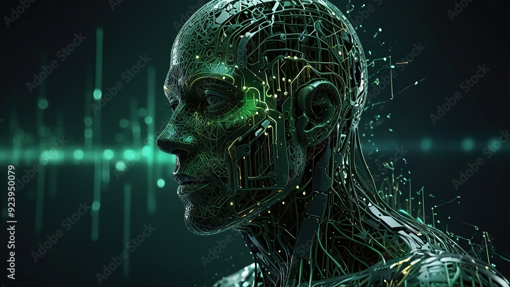 Poster free photo new 3d rendering ai robot face working with future digital graphic interface on dark back