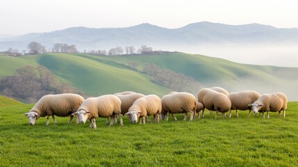 Obraz premium Sheep peacefully graze on lush green hills under a bright spring sun, surrounded by a tranquil landscape that highlights nature's beauty