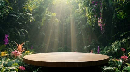 Empty wood podium stage with sunlight shining from above. Round wooden dais or platform. Perfect for product presentation.