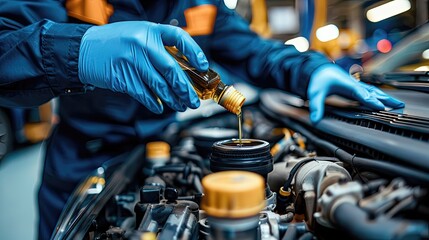 A mechanic is pouring oil into a car engine
