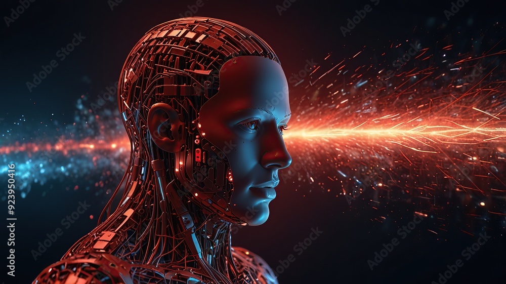 Poster free photo new 3d rendering ai robot face working with future digital graphic interface on dark back