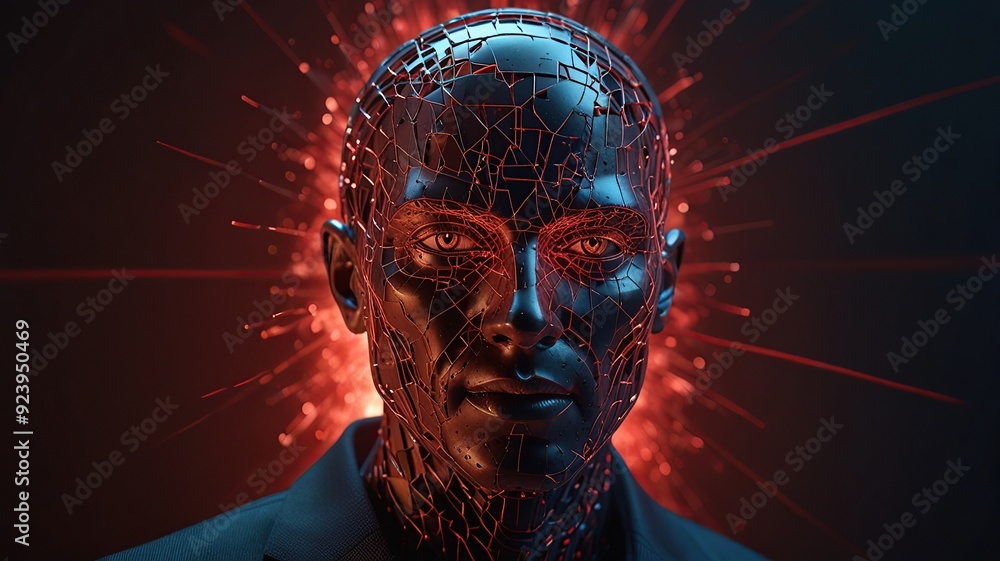 Poster free photo new 3d rendering ai robot face working with future digital graphic interface on dark back