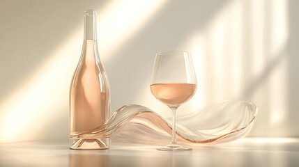 Elegant 3D Visualization of Transparent Glass Wine Bottle and Glass with Swirling Liquid