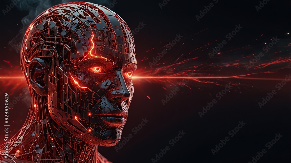 Poster free photo new 3d rendering ai robot face working with future digital graphic interface on dark back